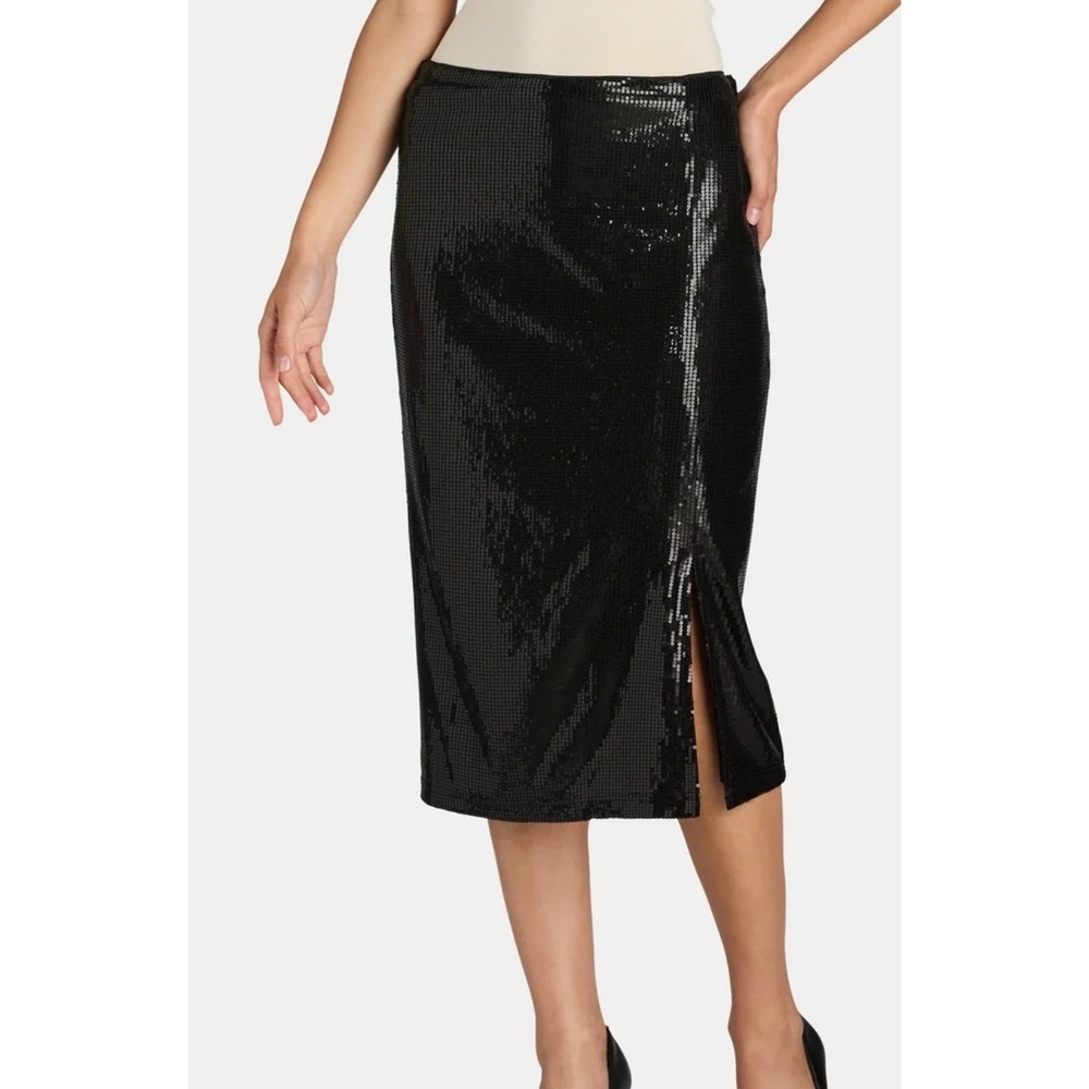 Time and Tru Sequin Midi Skirt Women‎ Size M Black Side Slit Zipper Waist Pencil